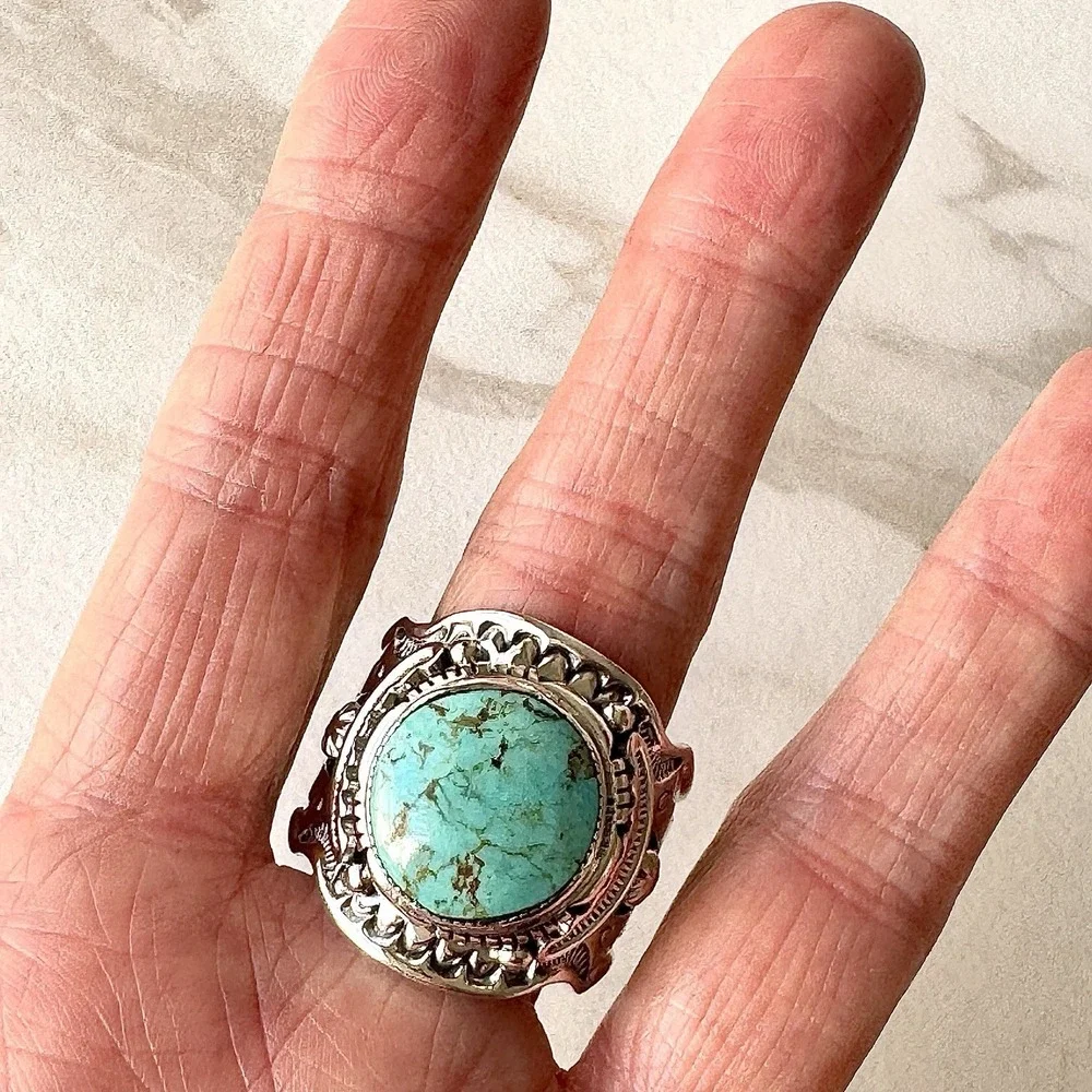 BIG Navajo Mens Turquoise Ring Sz 14 Wide Band Signed Lee Sterling Native Amer